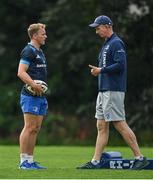 19 August 2021; Niall Comerford with head coach Leo Cullen during Leinster Rugby squad training at UCD in Dublin. Photo by Brendan Moran/Sportsfile