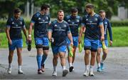 19 August 2021; Leinster players, from left, Ross Byrne, James Ryan, Ed Byrne, Max Deegan and Caelan Doris and Nick McCarthy arrive for squad training at UCD in Dublin. Photo by Brendan Moran/Sportsfile
