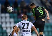 19 August 2021; Aaron Greene of Shamrock Rovers in action against Michael Lilander of Flora Tallinn during the UEFA Europa Conference League play-off first leg match between Flora Tallinn and Shamrock Rovers at A. Le Coq Arena in Tallinn, Estonia Photo by Eóin Noonan/Sportsfile