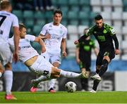 19 August 2021; Danny Mandroiu of Shamrock Rovers in action against Markkus Seppik of Flora Tallinn during the UEFA Europa Conference League play-off first leg match between Flora Tallinn and Shamrock Rovers at A. Le Coq Arena in Tallinn, Estonia Photo by Eóin Noonan/Sportsfile