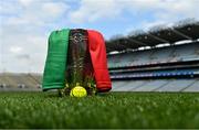 20 August 2021; The Liam MacCarthy Cup with a Limerick and Cork jersey and a match day sliotar before the GAA Hurling All-Ireland Senior Championship Final at Croke Park in Dublin. Photo by Brendan Moran/Sportsfile
