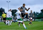 20 August 2021; Dan Blackbyrne of Cabinteely in action against Beineón O'Brien-Whitmarsh of Cork City during the SSE Airtricity League First Division match between Cabinteely and Cork City at Stradbrook in Dublin. Photo by Piaras Ó Mídheach/Sportsfile