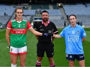 14 August 2021; Referee Séamus Mulvihill with the two captains, Clodagh McManamon of Mayo and Sinéad Aherne of Dublin, before the TG4 Ladies Football All-Ireland Championship semi-final match between Dublin and Mayo at Croke Park in Dublin. Photo by Ray McManus/Sportsfile