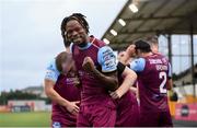 20 August 2021; Jordan Adeyemo of Drogheda United celebrates after team-mate Mark Doyle, left, scored their first goal during the SSE Airtricity League Premier Division match between Dundalk and Drogheda United at Oriel Park in Dundalk, Louth. Photo by Stephen McCarthy/Sportsfile