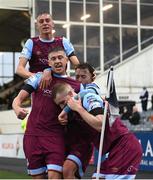 20 August 2021; Mark Doyle, right, celebrates with Drogheda United team-mates Jake Hyland, left, Darragh Markey, right, and Killian Phillips, back, during the SSE Airtricity League Premier Division match between Dundalk and Drogheda United at Oriel Park in Dundalk, Louth. Photo by Stephen McCarthy/Sportsfile
