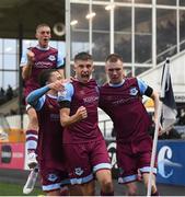 20 August 2021; Mark Doyle, right, celebrates with Drogheda United team-mates Jake Hyland, Darragh Markey and Killian Phillips, left, during the SSE Airtricity League Premier Division match between Dundalk and Drogheda United at Oriel Park in Dundalk, Louth. Photo by Stephen McCarthy/Sportsfile