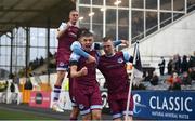 20 August 2021; Mark Doyle, right, celebrates with Drogheda United team-mates Jake Hyland, left, Darragh Markey, hidden, and Killian Phillips, back, during the SSE Airtricity League Premier Division match between Dundalk and Drogheda United at Oriel Park in Dundalk, Louth. Photo by Stephen McCarthy/Sportsfile