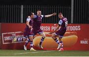 20 August 2021; Mark Doyle, centre, celebrates with Drogheda United team-mates James Brown, left, and Killian Phillips, right, after scoring their second goal during the SSE Airtricity League Premier Division match between Dundalk and Drogheda United at Oriel Park in Dundalk, Louth. Photo by Stephen McCarthy/Sportsfile