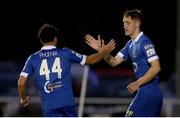20 August 2021; John Martin of Waterford, right, celebrates after scoring his side's second goal with team-mate Phoenix Patterson during the SSE Airtricity League Premier Division match between Waterford and Longford Town at RSC in Waterford. Photo by Michael P Ryan/Sportsfile