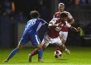 20 August 2021; Kyrian Nwoko of St Patrick's Athletic in action against Will Seymore of Finn Harps during the SSE Airtricity League Premier Division match between Finn Harps and St Patrick's Athletic at Finn Park in Ballybofey, Donegal. Photo by Ben McShane/Sportsfile