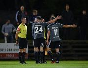20 August 2021; Cian Murphy, 24, and Cian Bargary of Cork City in conversation with referee David Connolly after the drawn SSE Airtricity League First Division match between Cabinteely and Cork City at Stradbrook in Dublin. Photo by Piaras Ó Mídheach/Sportsfile