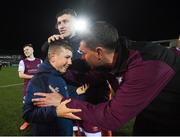 20 August 2021; Alex Conroy, son of the late Drogheda United coach David Conroy, who passed away on Thursday following a tragic accident, with Drogheda United assistant manager Kevin Doherty, right, and Jake Hyland after the SSE Airtricity League Premier Division match between Dundalk and Drogheda United at Oriel Park in Dundalk, Louth. Photo by Stephen McCarthy/Sportsfile