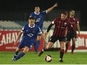 20 August 2021; Aodh Dervin of Longford Town in action against Darragh Power of Waterford during the SSE Airtricity League Premier Division match between Waterford and Longford Town at RSC in Waterford. Photo by Michael P Ryan/Sportsfile