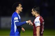 20 August 2021; Will Seymore of Finn Harps, left, fist bumps Matty Smith of St Patrick's Athletic after the SSE Airtricity League Premier Division match between Finn Harps and St Patrick's Athletic at Finn Park in Ballybofey, Donegal. Photo by Ben McShane/Sportsfile