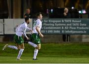 20 August 2021; Ben Feeney of Cabinteely, right, celebrates with team-mate Keith Dalton after scoring his side's second goal during the SSE Airtricity League First Division match between Cabinteely and Cork City at Stradbrook in Dublin. Photo by Piaras Ó Mídheach/Sportsfile