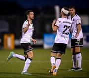 20 August 2021; Michael Duffy with Dundalk team-mates Cameron Dummigan, 23, and Will Patching after scoring their goal during the SSE Airtricity League Premier Division match between Dundalk and Drogheda United at Oriel Park in Dundalk, Louth. Photo by Stephen McCarthy/Sportsfile