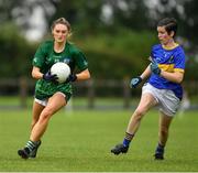 21 August 2021; Iris Kennelly of Limerick in action against Aoife Gillen of Wicklow during the TG4 All-Ireland Ladies Football Junior Championship Semi-Final match between Wicklow and Limerick at Joe Foxe Memorial Park, Tang GAA Club in Westmeath. Photo by Ray McManus/Sportsfile