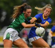 21 August 2021; Amy Ryan of Limerick in action against Lucy Dunne of Wicklow during the TG4 All-Ireland Ladies Football Junior Championship Semi-Final match between Wicklow and Limerick at Joe Foxe Memorial Park, Tang GAA Club in Westmeath. Photo by Ray McManus/Sportsfile