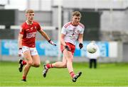 21 August 2021; Ronan Strain of Tyrone in action against Darragh O'Brien of Cork during the 2021 Electric Ireland GAA Football All-Ireland Minor Championship Semi-Final match between Cork and Tyrone at Bord Na Mona O'Connor Park in Tullamore, Offaly. Photo by Matt Browne/Sportsfile