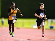 21 August 2021; Rahman Amusa Adekunle of Leevale AC, Cork, left, and Jack O'Donnell of Letterkenny AC, Donegal competing in the Boy's U12 60m sprint during day one of the Irish Life Health Children’s Games, U12-U13 T&F Championships & U14-16 and Youth Combined Events at Tullamore Harriers Stadium in Tullamore, Offaly. Photo by Eóin Noonan/Sportsfile