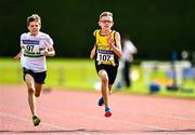 21 August 2021; Adam Prout of Clonmel AC, Tipperary, left, and Shane Haran of South Sligo AC, competing in the Boy's U12 60m Sprint during day one of the Irish Life Health Children’s Games, U12-U13 T&F Championships & U14-16 and Youth Combined Events at Tullamore Harriers Stadium in Tullamore, Offaly. Photo by Eóin Noonan/Sportsfile