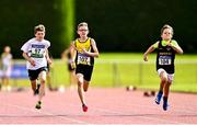 21 August 2021; Athletes, from left, Adam Prout of Clonmel AC, Tipperary, Shane Haran of South Sligo AC and Julian Browne of Blackrock AC, Dublin, competing in the Boy's U12 60m Sprint during day one of the Irish Life Health Children’s Games, U12-U13 T&F Championships & U14-16 and Youth Combined Events at Tullamore Harriers Stadium in Tullamore, Offaly. Photo by Eóin Noonan/Sportsfile