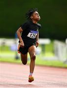 21 August 2021; Temple Akpo of Letterkenny AC, Donegal, competing in the Boy's U13 80m Sprint during day one of the Irish Life Health Children’s Games, U12-U13 T&F Championships & U14-16 and Youth Combined Events at Tullamore Harriers Stadium in Tullamore, Offaly. Photo by Eóin Noonan/Sportsfile