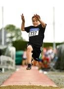 21 August 2021; Ethan Sullivan of Letterkenny AC, Donegal, competing in the Boy's U10 long jump during day one of the Irish Life Health Children’s Games, U12-U13 T&F Championships & U14-16 and Youth Combined Events at Tullamore Harriers Stadium in Tullamore, Offaly. Photo by Eóin Noonan/Sportsfile