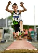 21 August 2021; Eoghan O'Hora of Moy Valley AC, Mayo, competing in the Boy's U10 Long Jump during day one of the Irish Life Health Children’s Games, U12-U13 T&F Championships & U14-16 and Youth Combined Events at Tullamore Harriers Stadium in Tullamore, Offaly. Photo by Eóin Noonan/Sportsfile