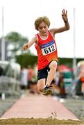 21 August 2021; Keilan Garvey of St Colmans South Mayo AC, competing in the Boy's U10 Long Jump during day one of the Irish Life Health Children’s Games, U12-U13 T&F Championships & U14-16 and Youth Combined Events at Tullamore Harriers Stadium in Tullamore, Offaly. Photo by Eóin Noonan/Sportsfile