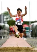 21 August 2021; Darcy Noel of Galway City Harriers AC, competing in the Boy's U10 Long Jump during day one of the Irish Life Health Children’s Games, U12-U13 T&F Championships & U14-16 and Youth Combined Events at Tullamore Harriers Stadium in Tullamore, Offaly. Photo by Eóin Noonan/Sportsfile