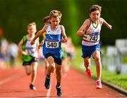 21 August 2021; Tadhg Kirrane of Claremorris AC, Galway, left, and Kilian Coman of Limerick AC, competing in the Boy's U10 500m during day one of the Irish Life Health Children’s Games, U12-U13 T&F Championships & U14-16 and Youth Combined Events at Tullamore Harriers Stadium in Tullamore, Offaly. Photo by Eóin Noonan/Sportsfile