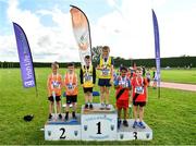 21 August 2021; Boy's U9 Turbo Javelin, third place, Evan Duffy and Ameya Chavan of Lucan Harriers AC, Dublin, second place, Francis Mulholland and Emily Doogan of Rosses AC, Donegal, and first place David O Callaghan and Joel Cummins of Bandon AC, Cork during day one of the Irish Life Health Children’s Games, U12-U13 T&F Championships & U14-16 and Youth Combined Events at Tullamore Harriers Stadium in Tullamore, Offaly. Photo by Eóin Noonan/Sportsfile