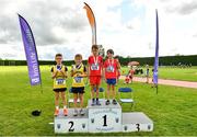 21 August 2021; Boy's U9 300m, second place, Liam Verling and Joel Cummins of Bandon AC, Cork and first place Dylan Mc Inerney and Riain Duignan of St Cronans AC, Mayo during day one of the Irish Life Health Children’s Games, U12-U13 T&F Championships & U14-16 and Youth Combined Events at Tullamore Harriers Stadium in Tullamore, Offaly. Photo by Eóin Noonan/Sportsfile