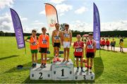 21 August 2021; Boy's U11 Turbo Javelin, thrid place, Jake Barclay and Robert Purtill of Dooneen AC, Limerick, second place, Dylan Swords and Eli Duffy of Rosses AC, Donegal and first place, Fionn Jennings and Cillian O Connor of Lake District Athletics, Mayo during day one of the Irish Life Health Children’s Games, U12-U13 T&F Championships & U14-16 and Youth Combined Events at Tullamore Harriers Stadium in Tullamore, Offaly. Photo by Eóin Noonan/Sportsfile