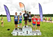 21 August 2021; Boy's U11 Long Jump, thrid place Josh Brennan and Conor Grimes of Tír Chonaill AC, Donegal, second place Tei Chen and Dylan Curley of Olympian Youth AC, Donegal and first place, Zion Akpo and Oisin Cuskelly of Letterkenny AC, Donegal, during day one of the Irish Life Health Children’s Games, U12-U13 T&F Championships & U14-16 and Youth Combined Events at Tullamore Harriers Stadium in Tullamore, Offaly. Photo by Eóin Noonan/Sportsfile