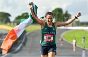 21 August 2021; Caitriona Jennings of Letterkenny AC, Donegal, representing Ireland, celebrates winning the national women's 100 kilometre race at the Irish National 50 kilometre and 100 kilometre Championships, incorporating the Anglo Celtic Plate, at Mondello Park in Naas, Kildare. Photo by Brendan Moran/Sportsfile