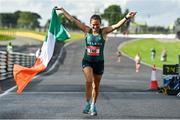 21 August 2021; Caitriona Jennings of Letterkenny AC, Donegal, representing Ireland, celebrates winning the national women's 100 kilometre race at the Irish National 50 kilometre and 100 kilometre Championships, incorporating the Anglo Celtic Plate, at Mondello Park in Naas, Kildare. Photo by Brendan Moran/Sportsfile