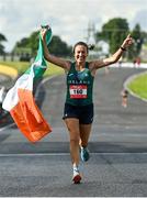 21 August 2021; Caitriona Jennings of Letterkenny AC, Donegal, representing Ireland, celebrates winning the national women's 100 kilometre race at the Irish National 50 kilometre and 100 kilometre Championships, incorporating the Anglo Celtic Plate, at Mondello Park in Naas, Kildare. Photo by Brendan Moran/Sportsfile