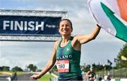 21 August 2021; Caitriona Jennings of Letterkenny AC, Donegal, representing Ireland, celebrates with the tricolour after winning the national women's 100 kilometre race at the Irish National 50 kilometre and 100 kilometre Championships, incorporating the Anglo Celtic Plate, at Mondello Park in Naas, Kildare. Photo by Brendan Moran/Sportsfile