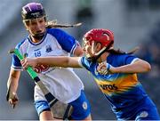 21 August 2021; Aoife McGrath of Tipperary in action against Anne Corcoran of Waterford during the All-Ireland Senior Camogie Championship Quarter-Final match between Tipperary and Waterford at Páirc Uí Chaoimh in Cork. Photo by Piaras Ó Mídheach/Sportsfile