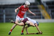 21 August 2021; Joshua O'Connor of Galway in action against Eoin O’Leary of Cork during the 2021 Electric Ireland GAA Hurling All-Ireland Minor Championship Final match between Cork and Galway at Semple Stadium in Thurles, Tipperary. Photo by Stephen McCarthy/Sportsfile