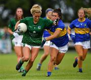 21 August 2021; Róisín Ambrose of Limerick in action against Lorna Fusciardi of Wicklow during the TG4 All-Ireland Ladies Football Junior Championship Semi-Final match between Wicklow and Limerick at Joe Foxe Memorial Park, Tang GAA Club in Westmeath. Photo by Ray McManus/Sportsfile