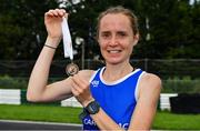 21 August 2021; Deirdre Martin of Carrick-on-Shannon AC, Leitrim, with her medal after finishing third in the national women's 100 kilometre race, at the Irish National 50 kilometre and 100 kilometre Championships, incorporating the Anglo Celtic Plate, at Mondello Park in Naas, Kildare. Photo by Brendan Moran/Sportsfile