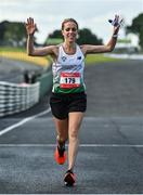 21 August 2021; Karla Borland, representing Ulster and Northern Ireland, comes home  to finish second in the women's 100 kilometre race, at the Irish National 50 kilometre and 100 kilometre Championships, incorporating the Anglo Celtic Plate, at Mondello Park in Naas, Kildare. Photo by Brendan Moran/Sportsfile