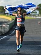21 August 2021; Joanna Murphy of Scotland celebrates finishing second in the women's 100 kilometre race at the Irish National 50 kilometre and 100 kilometre Championships, incorporating the Anglo Celtic Plate, at Mondello Park in Naas, Kildare. Photo by Brendan Moran/Sportsfile