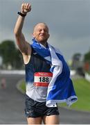 21 August 2021; Kyle Greig of Scotland, celebrates finishing third in the men's 100 kilometre race, at the Irish National 50 kilometre and 100 kilometre Championships, incorporating the Anglo Celtic Plate, at Mondello Park in Naas, Kildare. Photo by Brendan Moran/Sportsfile