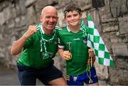 22 August 2021; Limerick supporters Rob Sheehan, left, and Hugh, aged 9, from Dooradoyle, before the GAA Hurling All-Ireland Senior Championship Final match between Cork and Limerick in Croke Park, Dublin. Photo by Ramsey Cardy/Sportsfile