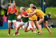22 August 2021; Dannah O'Brien of Carlow in action against Emma Ferran of Antrim during the TG4 All-Ireland Ladies Football Junior Championship Semi-Final match between Antrim and Carlow at Lannleire GFC in Dunleer, Louth. Photo by Ben McShane/Sportsfile
