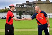 22 August 2021; Captains Matt Brewster of Cork Harlequins, left, and Andrew Britton of Brigade before the Clear Currency All-Ireland T20 Cup Final match between Cork Harlequins and Brigade at Leinster Cricket Club in Dublin. Photo by Seb Daly/Sportsfile